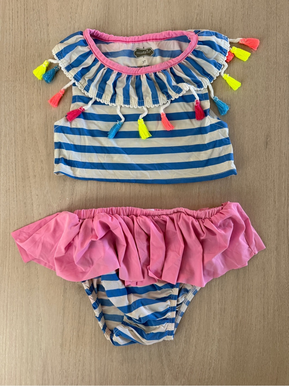 Mud Pie Blue & Pink Striped Tassel Ruffle Two-Piece Swim Set Bathing Suit 3T